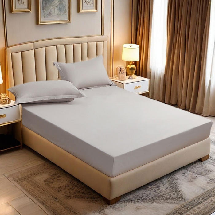 91家纺网 家纺一手货源 找家纺 2025新款纯色全棉床笠喷气全棉床罩三件套-优雅系列 优雅-浅银灰