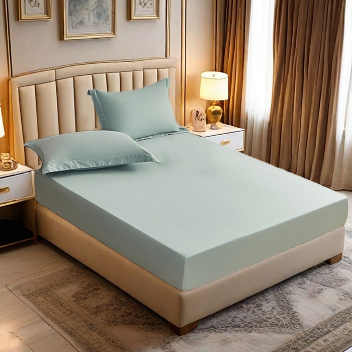 91家纺网 家纺一手货源 找家纺 2025新款纯色全棉床笠喷气全棉床罩三件套-优雅系列 优雅-松石绿