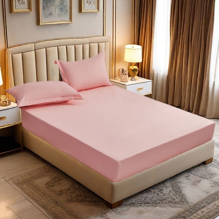 91家纺网 家纺一手货源 找家纺 2025新款纯色全棉床笠喷气全棉床罩三件套-优雅系列 优雅-桃花粉