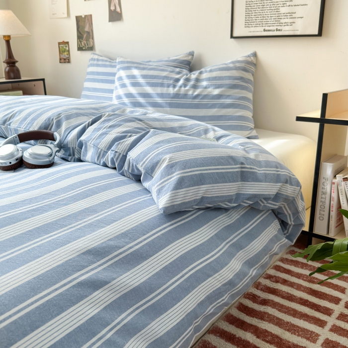 91家纺网 家纺一手货源 找家纺 （总）良品汇馆 2025新款日式无印全棉纯棉水洗棉四件套良品条纹床品套件纯棉简约件套床单被套