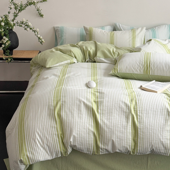 91家纺网 家纺一手货源 找家纺 【A类床上四件套】良品全棉纯棉柔软裸睡条纹提花被套床品件套新