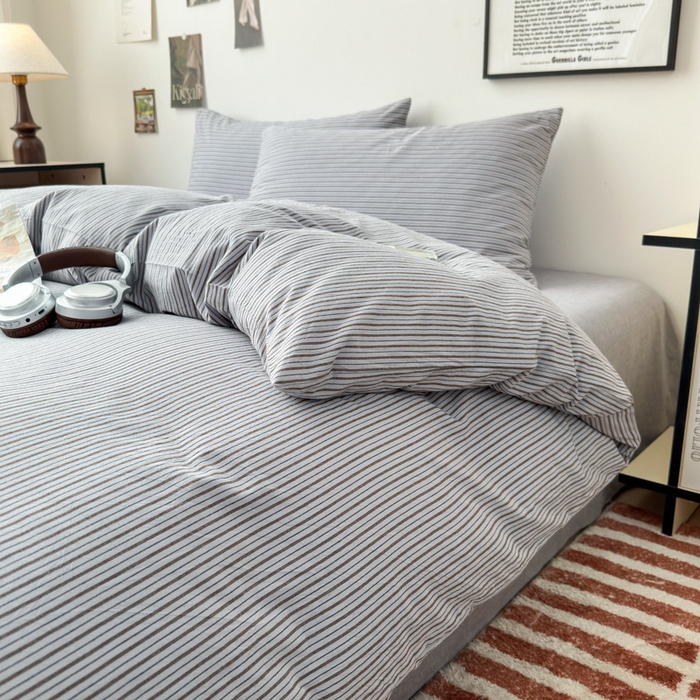 良品汇馆 2025新款日式无印全棉纯棉水洗棉四件套良品条纹床品套件纯棉简约件套床单被套 灰咖细条