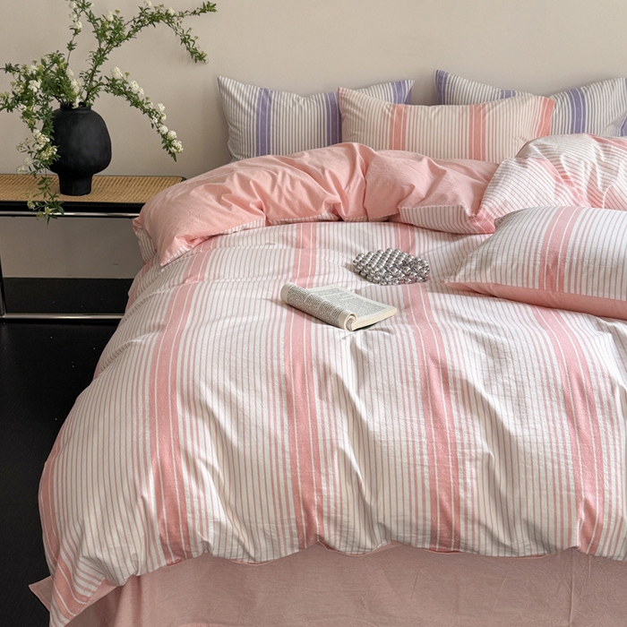 91家纺网 家纺一手货源 找家纺 良品汇馆 2025新款日式无印A类床上四件套良品全棉纯棉柔软裸睡条纹提花被套床品件套新 繁星-粉