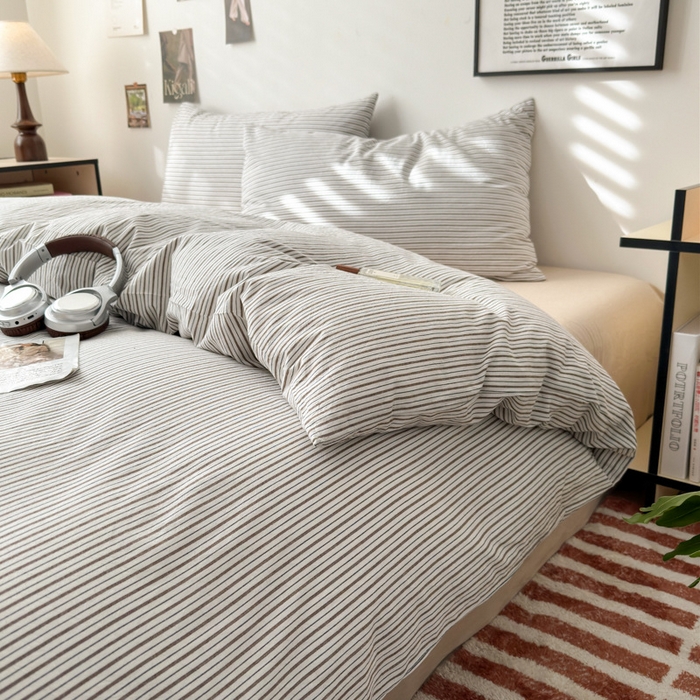 良品汇馆 2025新款日式无印全棉纯棉水洗棉四件套良品条纹床品套件纯棉简约件套床单被套 白咖细条