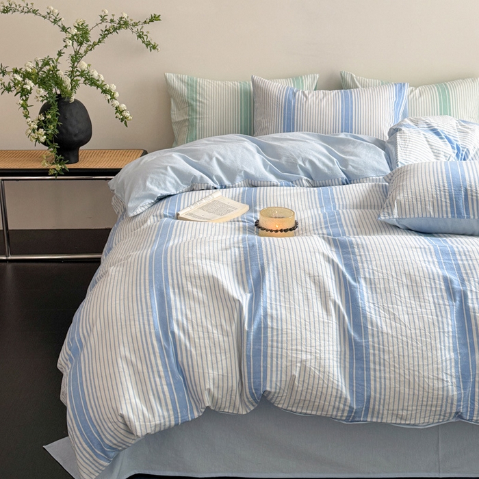 良品汇馆 2025新款日式无印A类床上四件套良品全棉纯棉柔软裸睡条纹提花被套床品件套新 繁星-蓝