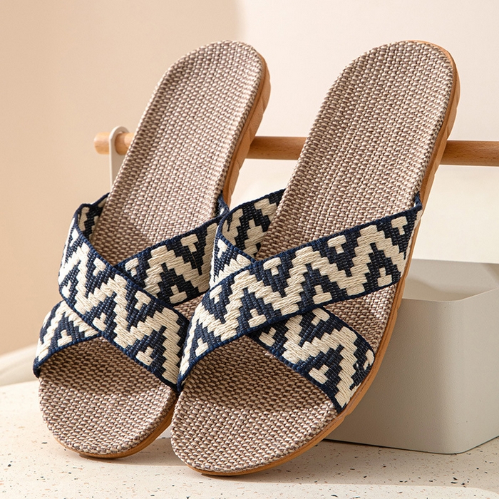 91家纺网 家纺一手货源 找家纺 良品汇馆 2025新款日式无印家居情侣室内拖鞋良品木地板亚麻拖鞋居家防滑男女夏季凉 交叉拖鞋-黑色男