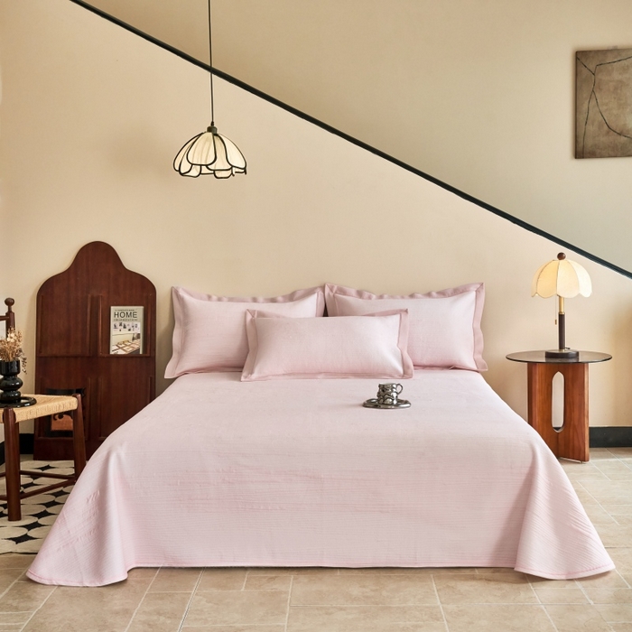 91家纺网 家纺一手货源 找家纺 席之家 2025新款高品质A类空气层可水洗凉感色织床单三件套-檀雅系列 檀雅-雾粉