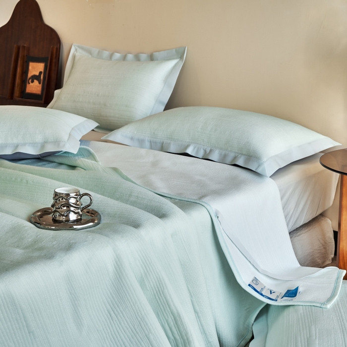 91家纺网 家纺一手货源 找家纺 席之家 2025新款高品质A类空气层可水洗凉感色织床单三件套-檀雅系列 檀雅-浅绿