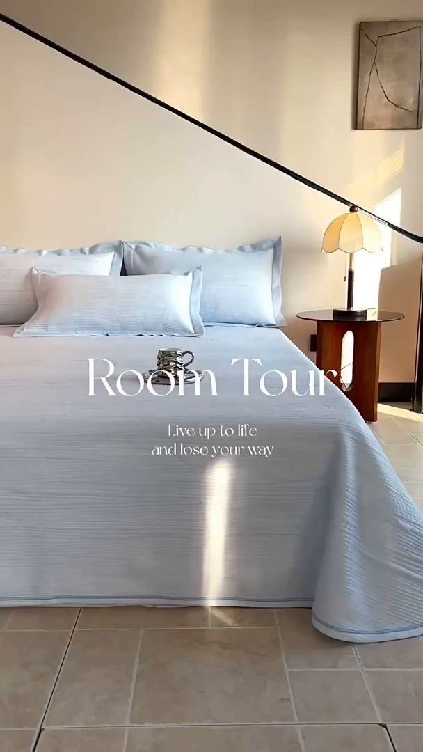 91家纺网 家纺一手货源 找家纺 席之家 2025新款高品质A类空气层可水洗凉感色织床单三件套-檀雅系列 檀雅-浅蓝