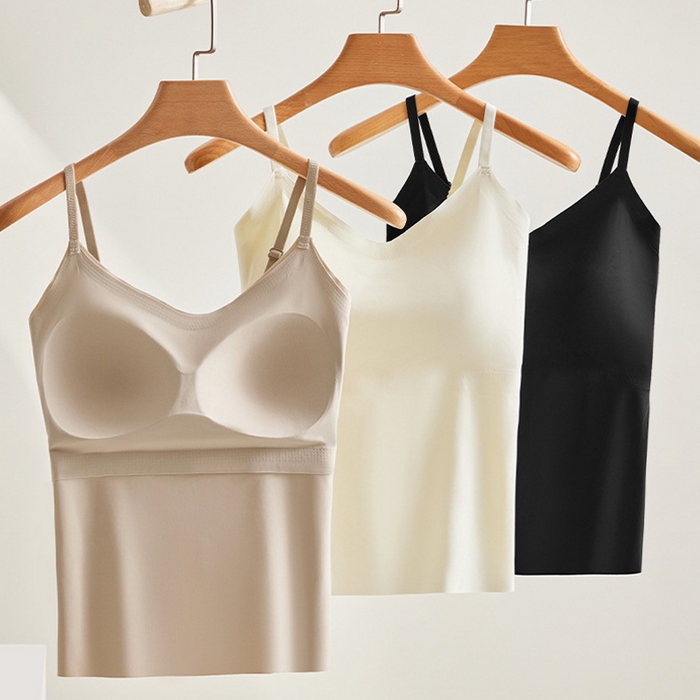 91家纺网 家纺一手货源 找家纺 【无痕冰丝吊带】 2025新款日式无印一片式无痕冰丝吊带良品长款背心女夏季固定杯无钢圈打底