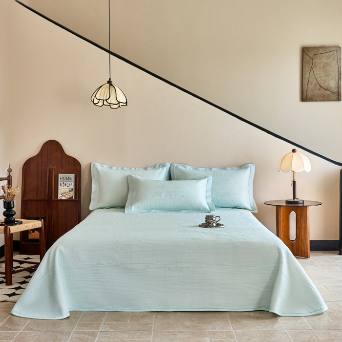 91家纺网 家纺一手货源 找家纺 席之家 2025新款高品质A类空气层可水洗凉感色织床单三件套-檀雅系列 檀雅-浅绿