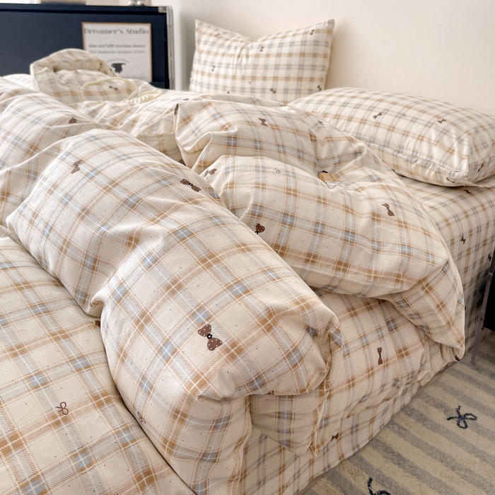 91家纺网 家纺一手货源 找家纺 （总）耀悦家纺 2025新款简约无印风条纹格子纯棉四件套被套床单枕套床笠宿舍学生套件