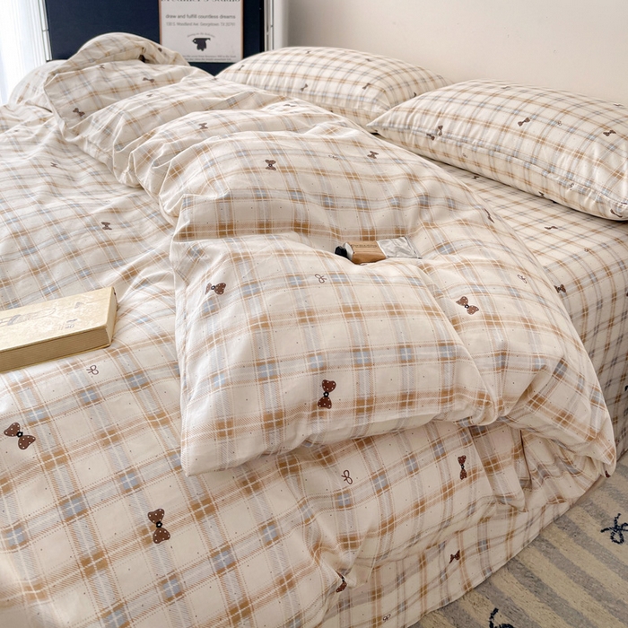 91家纺网 家纺一手货源 找家纺 （总）耀悦家纺 2025新款简约无印风条纹格子纯棉四件套被套床单枕套床笠宿舍学生套件