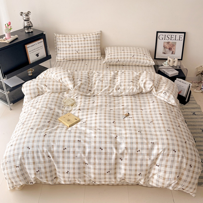 91家纺网 家纺一手货源 找家纺 （总）耀悦家纺 2025新款简约无印风条纹格子纯棉四件套被套床单枕套床笠宿舍学生套件