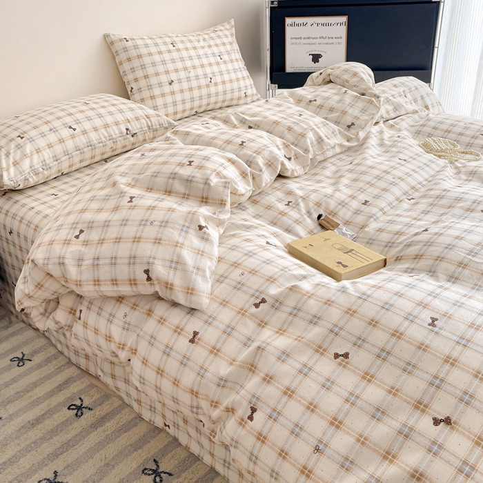 91家纺网 家纺一手货源 找家纺 （总）耀悦家纺 2025新款简约无印风条纹格子纯棉四件套被套床单枕套床笠宿舍学生套件