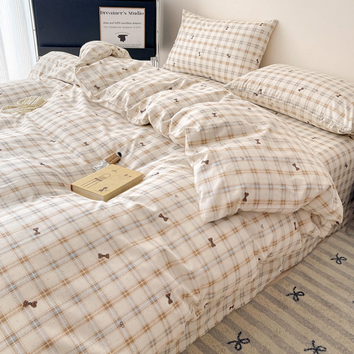 91家纺网 家纺一手货源 找家纺 （总）耀悦家纺 2025新款简约无印风条纹格子纯棉四件套被套床单枕套床笠宿舍学生套件