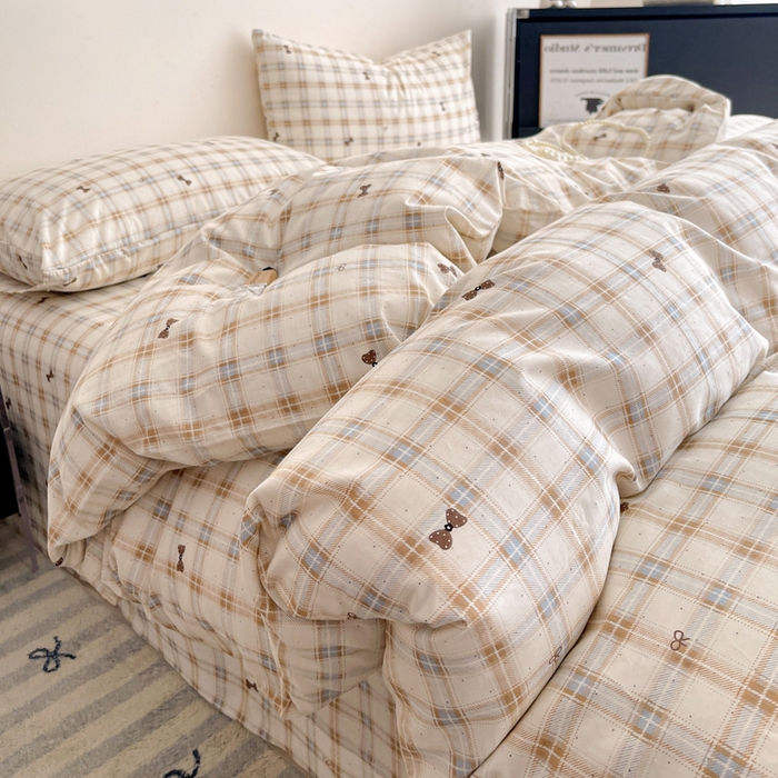 91家纺网 家纺一手货源 找家纺 （总）耀悦家纺 2025新款简约无印风条纹格子纯棉四件套被套床单枕套床笠宿舍学生套件