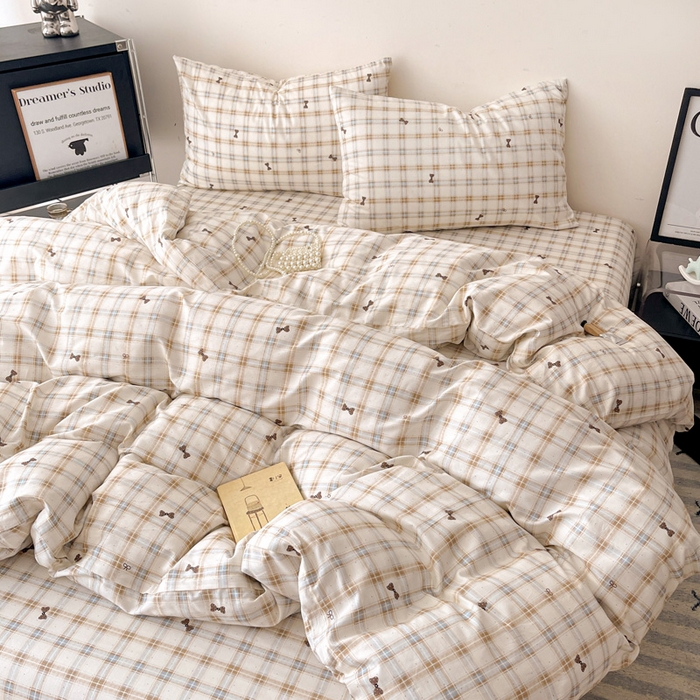 91家纺网 家纺一手货源 找家纺 （总）耀悦家纺 2025新款简约无印风条纹格子纯棉四件套被套床单枕套床笠宿舍学生套件