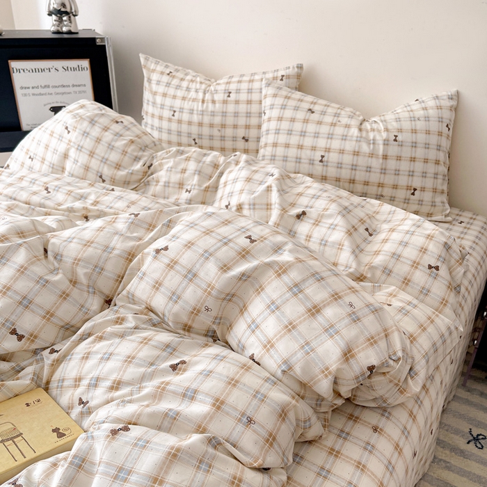 91家纺网 家纺一手货源 找家纺 （总）耀悦家纺 2025新款简约无印风条纹格子纯棉四件套被套床单枕套床笠宿舍学生套件