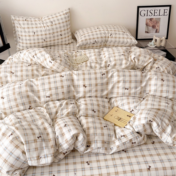 91家纺网 家纺一手货源 找家纺 （总）耀悦家纺 2025新款简约无印风条纹格子纯棉四件套被套床单枕套床笠宿舍学生套件