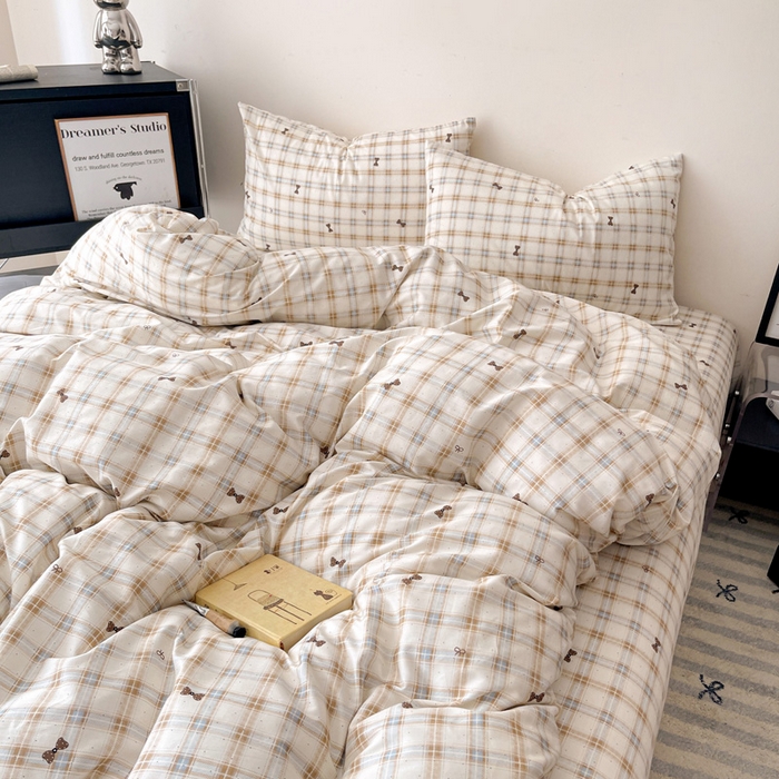 91家纺网 家纺一手货源 找家纺 （总）耀悦家纺 2025新款简约无印风条纹格子纯棉四件套被套床单枕套床笠宿舍学生套件