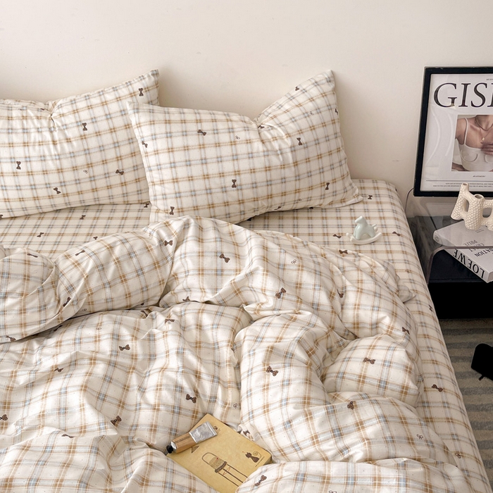 91家纺网 家纺一手货源 找家纺 （总）耀悦家纺 2025新款简约无印风条纹格子纯棉四件套被套床单枕套床笠宿舍学生套件