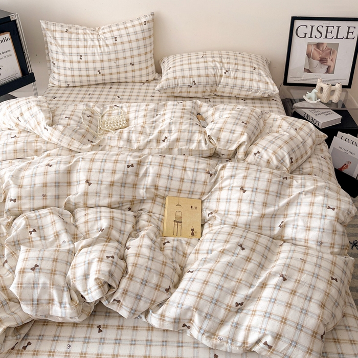 91家纺网 家纺一手货源 找家纺 （总）耀悦家纺 2025新款简约无印风条纹格子纯棉四件套被套床单枕套床笠宿舍学生套件