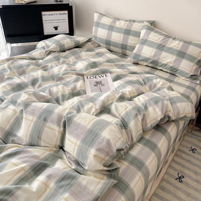 91家纺网 家纺一手货源 找家纺 耀悦家纺 2025新款简约无印风条纹格子纯棉四件套被套床单枕套床笠宿舍学生套件 绿调柔情