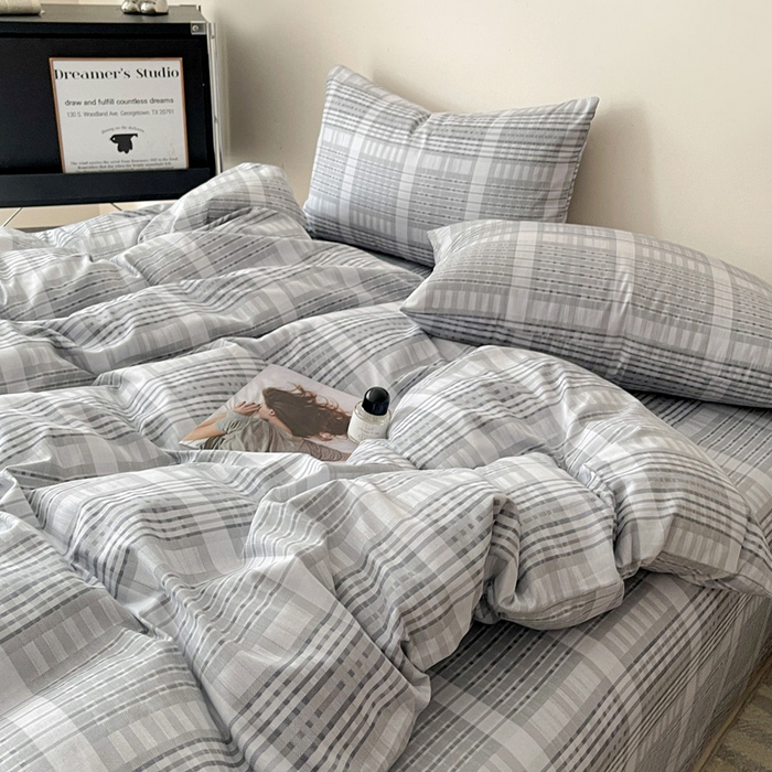 91家纺网 家纺一手货源 找家纺 耀悦家纺 2025新款简约无印风条纹格子纯棉四件套被套床单枕套床笠宿舍学生套件 优雅灰调