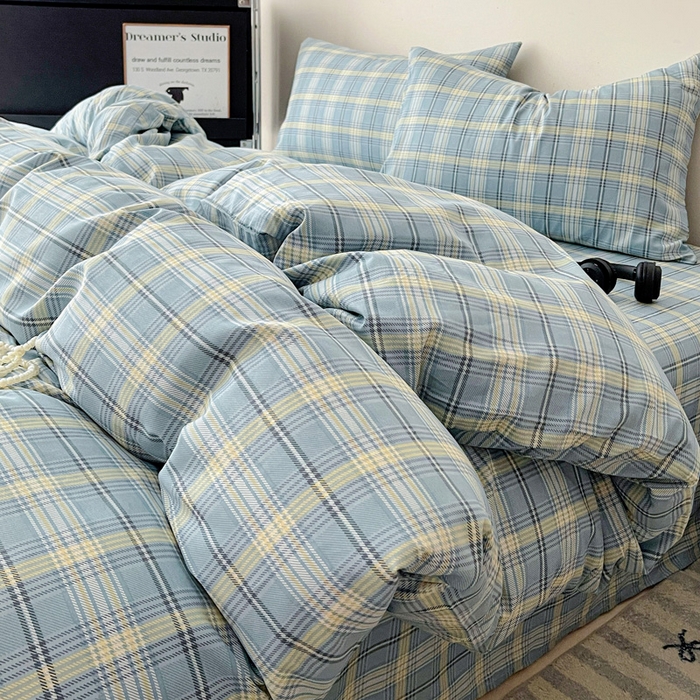 91家纺网 家纺一手货源 找家纺 耀悦家纺 2025新款简约无印风条纹格子纯棉四件套被套床单枕套床笠宿舍学生套件 蓝格雅集