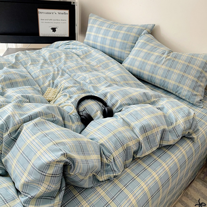 耀悦家纺 2025新款简约无印风条纹格子纯棉四件套被套床单枕套床笠宿舍学生套件 蓝格雅集