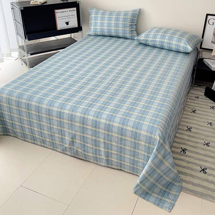 91家纺网 家纺一手货源 找家纺 耀悦家纺 2025新款简约无印风条纹格子纯棉四件套被套床单枕套床笠宿舍学生套件 蓝格雅集