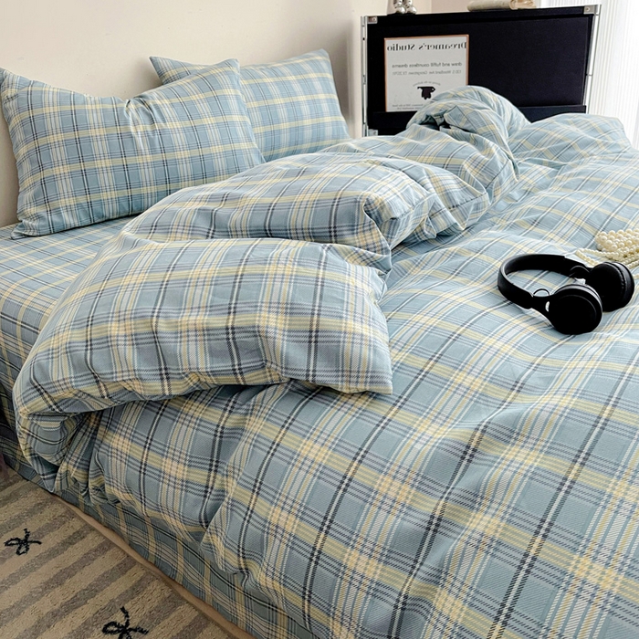 91家纺网 家纺一手货源 找家纺 耀悦家纺 2025新款简约无印风条纹格子纯棉四件套被套床单枕套床笠宿舍学生套件 蓝格雅集