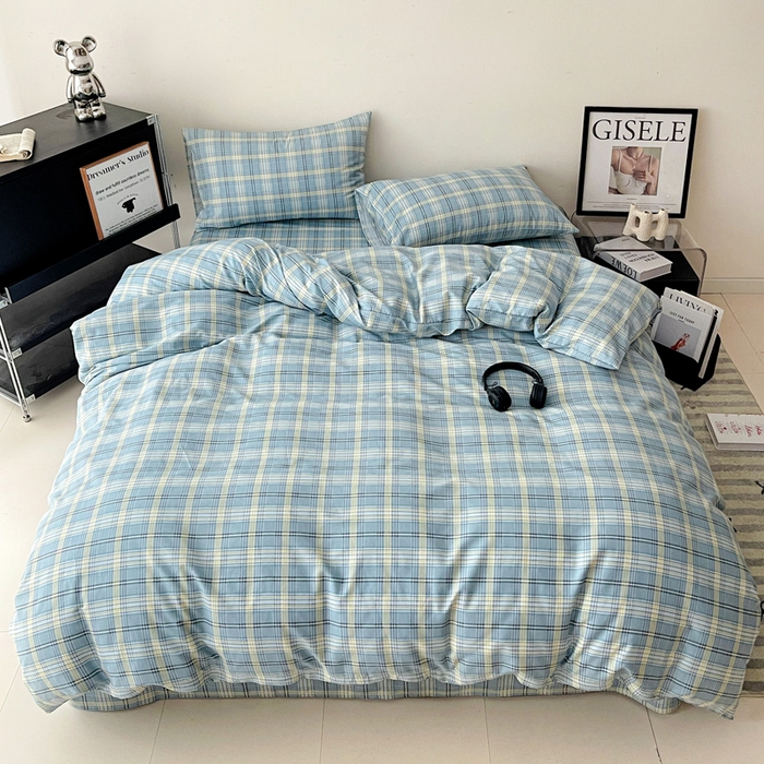 91家纺网 家纺一手货源 找家纺 耀悦家纺 2025新款简约无印风条纹格子纯棉四件套被套床单枕套床笠宿舍学生套件 蓝格雅集