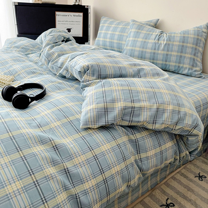 91家纺网 家纺一手货源 找家纺 耀悦家纺 2025新款简约无印风条纹格子纯棉四件套被套床单枕套床笠宿舍学生套件 蓝格雅集