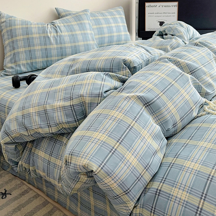 91家纺网 家纺一手货源 找家纺 耀悦家纺 2025新款简约无印风条纹格子纯棉四件套被套床单枕套床笠宿舍学生套件 蓝格雅集