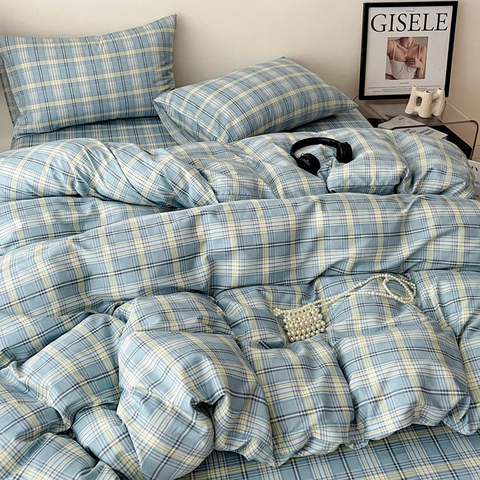 91家纺网 家纺一手货源 找家纺 耀悦家纺 2025新款简约无印风条纹格子纯棉四件套被套床单枕套床笠宿舍学生套件 蓝格雅集