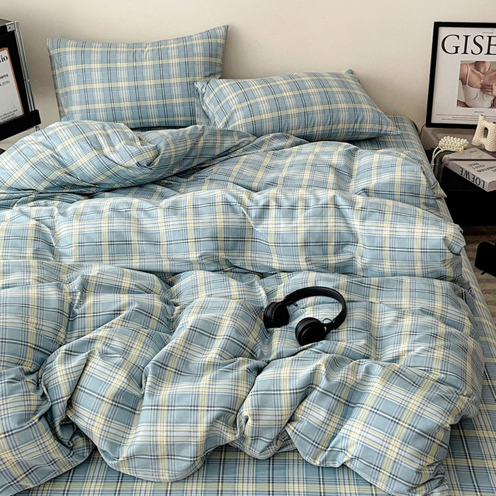 91家纺网 家纺一手货源 找家纺 耀悦家纺 2025新款简约无印风条纹格子纯棉四件套被套床单枕套床笠宿舍学生套件 蓝格雅集