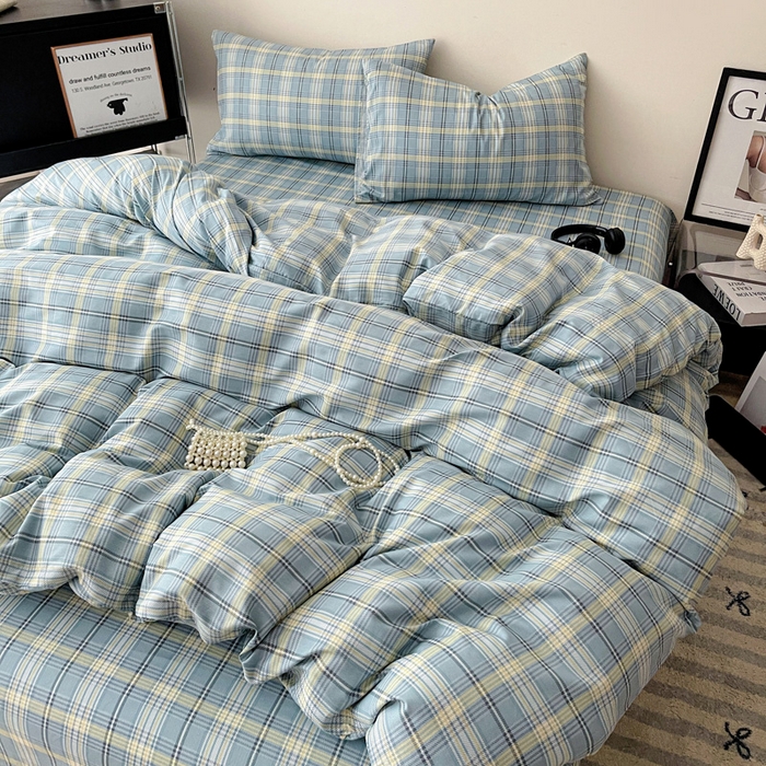 91家纺网 家纺一手货源 找家纺 耀悦家纺 2025新款简约无印风条纹格子纯棉四件套被套床单枕套床笠宿舍学生套件 蓝格雅集