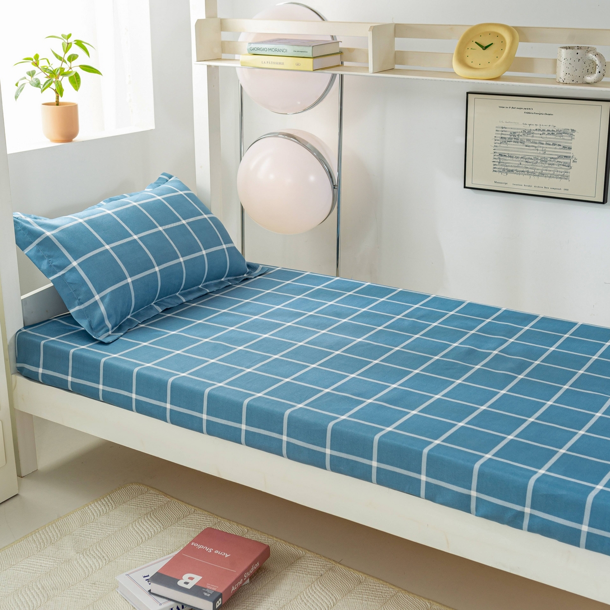 91家纺网 家纺一手货源 找家纺 上学郎家居 2025新款学生宿舍130克加厚磨毛三件套 海蓝大格