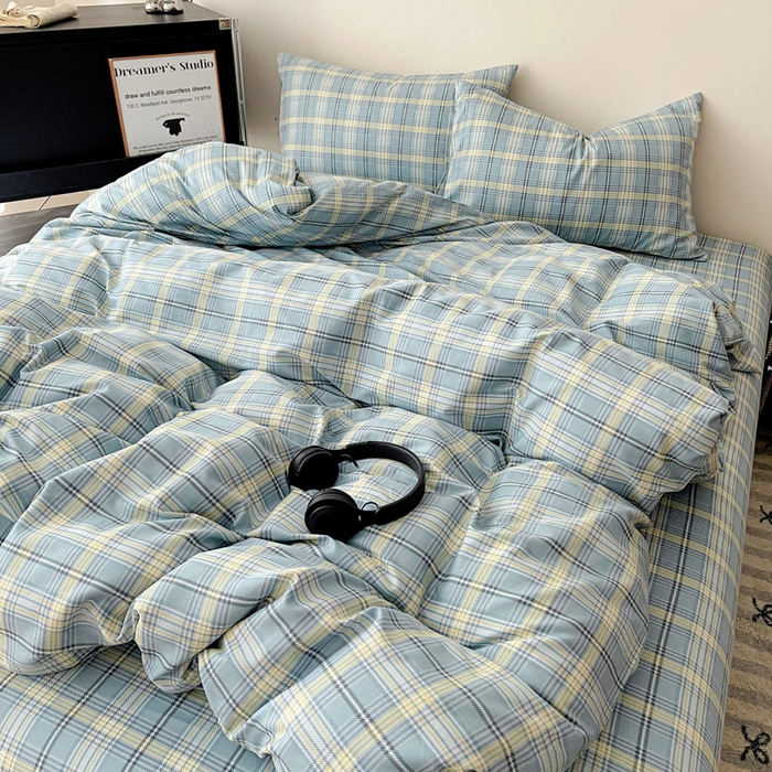 91家纺网 家纺一手货源 找家纺 耀悦家纺 2025新款简约无印风条纹格子纯棉四件套被套床单枕套床笠宿舍学生套件 蓝格雅集