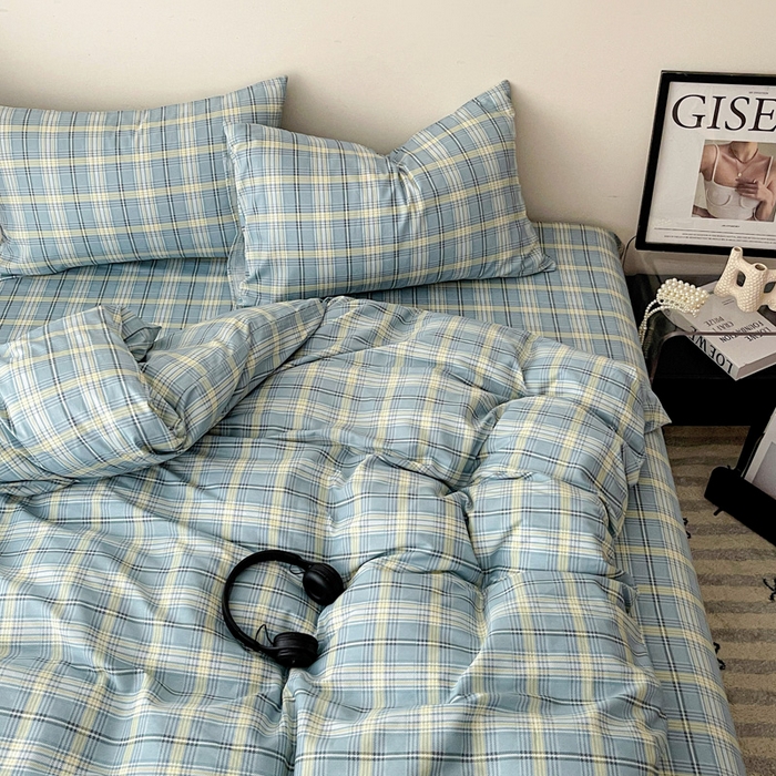 91家纺网 家纺一手货源 找家纺 耀悦家纺 2025新款简约无印风条纹格子纯棉四件套被套床单枕套床笠宿舍学生套件 蓝格雅集