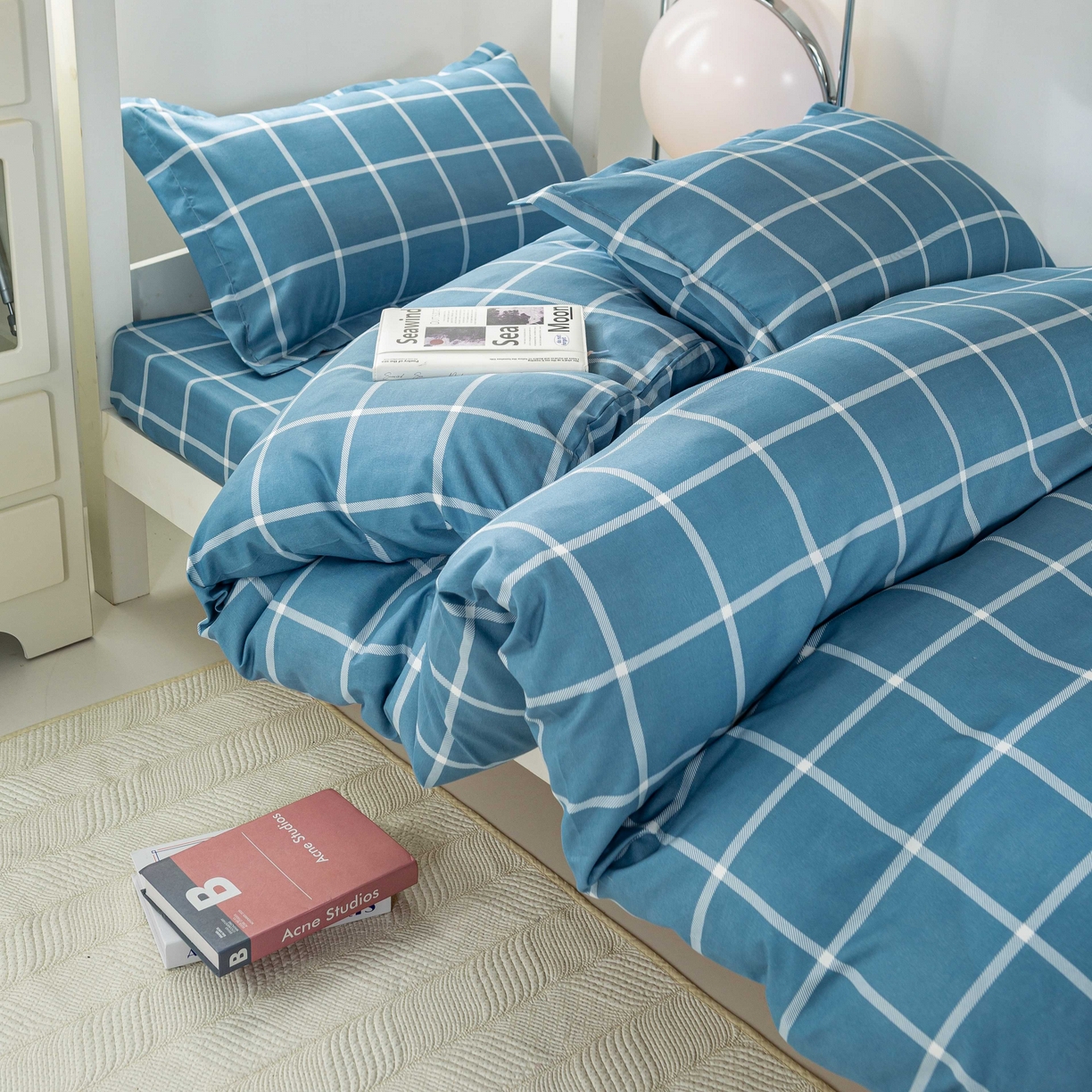 91家纺网 家纺一手货源 找家纺 上学郎家居 2025新款学生宿舍130克加厚磨毛三件套 海蓝大格