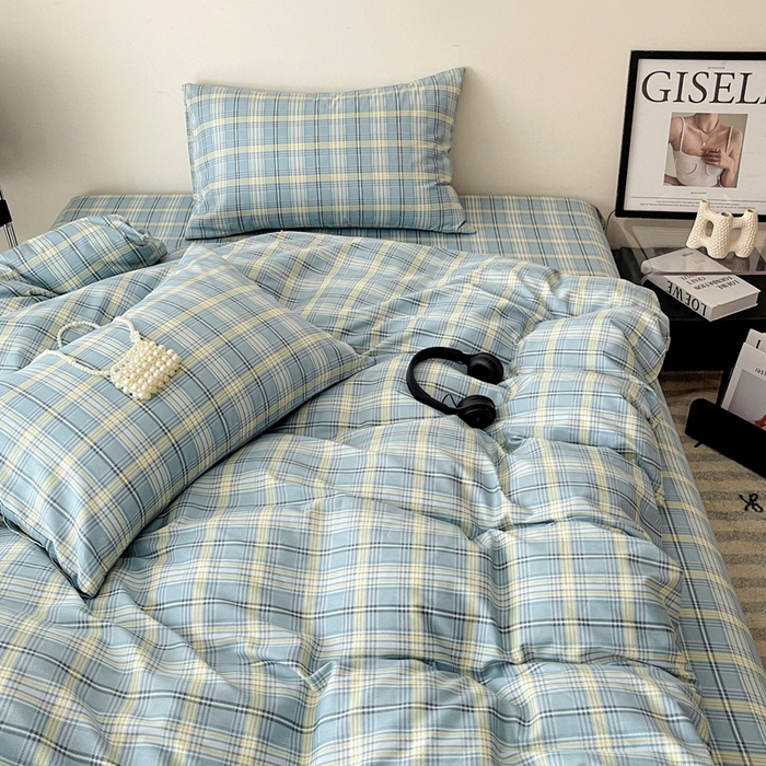 91家纺网 家纺一手货源 找家纺 耀悦家纺 2025新款简约无印风条纹格子纯棉四件套被套床单枕套床笠宿舍学生套件 蓝格雅集