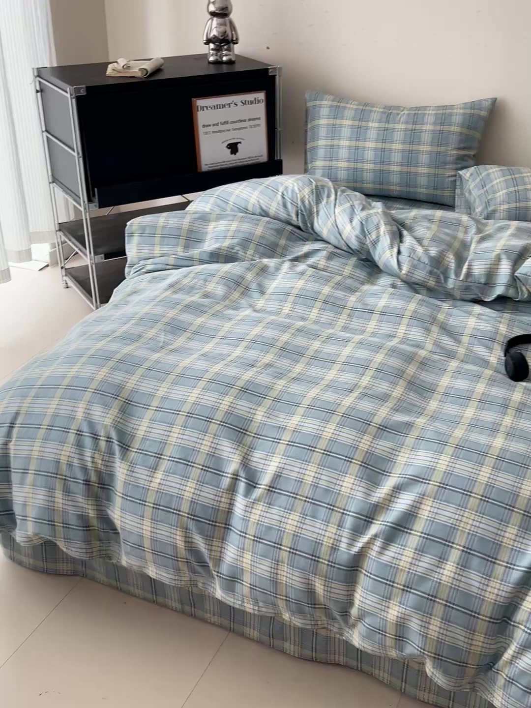 91家纺网 家纺一手货源 找家纺 耀悦家纺 2025新款简约无印风条纹格子纯棉四件套被套床单枕套床笠宿舍学生套件 蓝格雅集