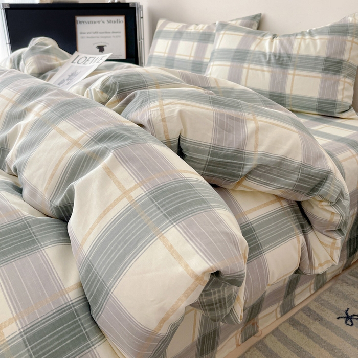 91家纺网 家纺一手货源 找家纺 耀悦家纺 2025新款简约无印风条纹格子纯棉四件套被套床单枕套床笠宿舍学生套件 绿调柔情