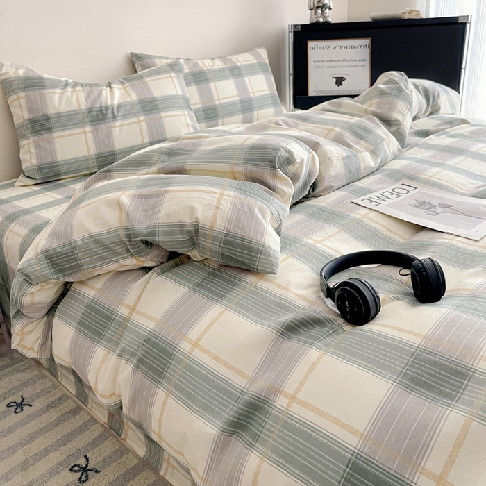 91家纺网 家纺一手货源 找家纺 耀悦家纺 2025新款简约无印风条纹格子纯棉四件套被套床单枕套床笠宿舍学生套件 绿调柔情