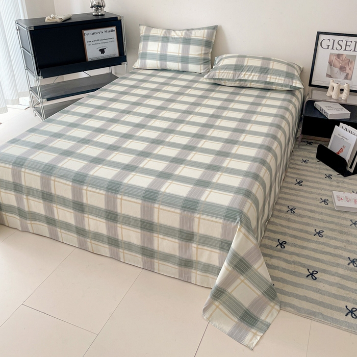 91家纺网 家纺一手货源 找家纺 耀悦家纺 2025新款简约无印风条纹格子纯棉四件套被套床单枕套床笠宿舍学生套件 绿调柔情