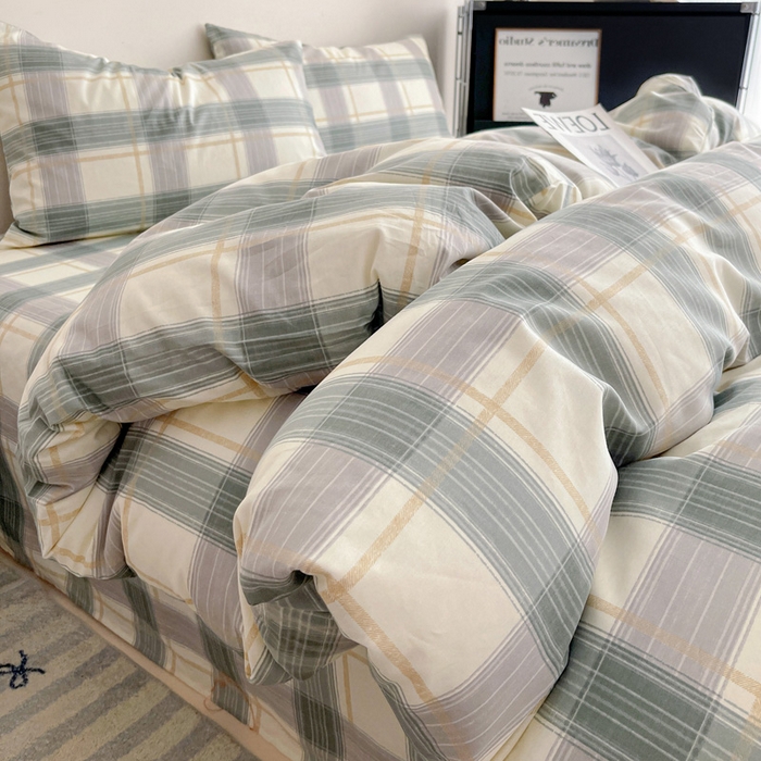 91家纺网 家纺一手货源 找家纺 耀悦家纺 2025新款简约无印风条纹格子纯棉四件套被套床单枕套床笠宿舍学生套件 绿调柔情
