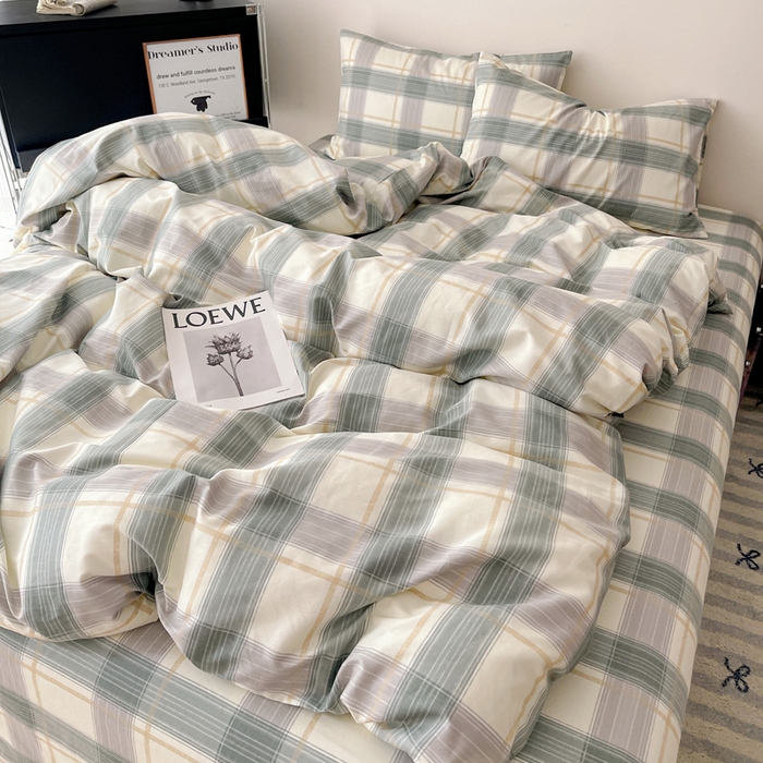 91家纺网 家纺一手货源 找家纺 耀悦家纺 2025新款简约无印风条纹格子纯棉四件套被套床单枕套床笠宿舍学生套件 绿调柔情